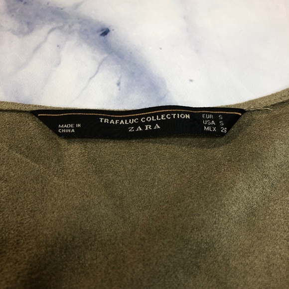 Zara Draped Front Olive Green Faux Suede Dress - Picture 4 of 7